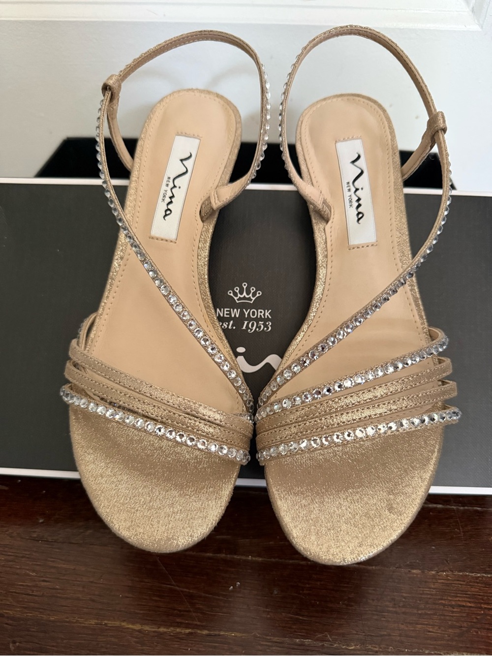 Nina Gold Crystal-Strap Slingback Sandals